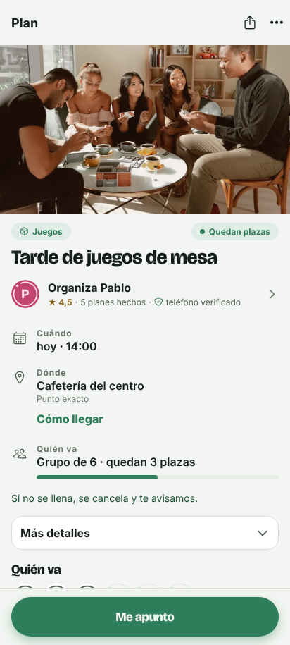 La ficha de un plan, con el botón para apuntarse