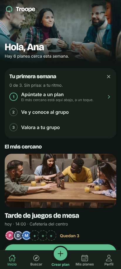 El inicio de la app, con los planes cerca